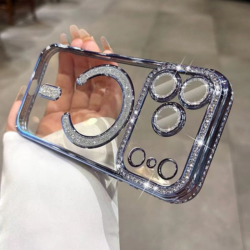 Electroplated rhinestone magnetic attraction for iPhone16 mobile phone case Apple 17 transparent diamond-encrusted lens glitter film 14 soft cover