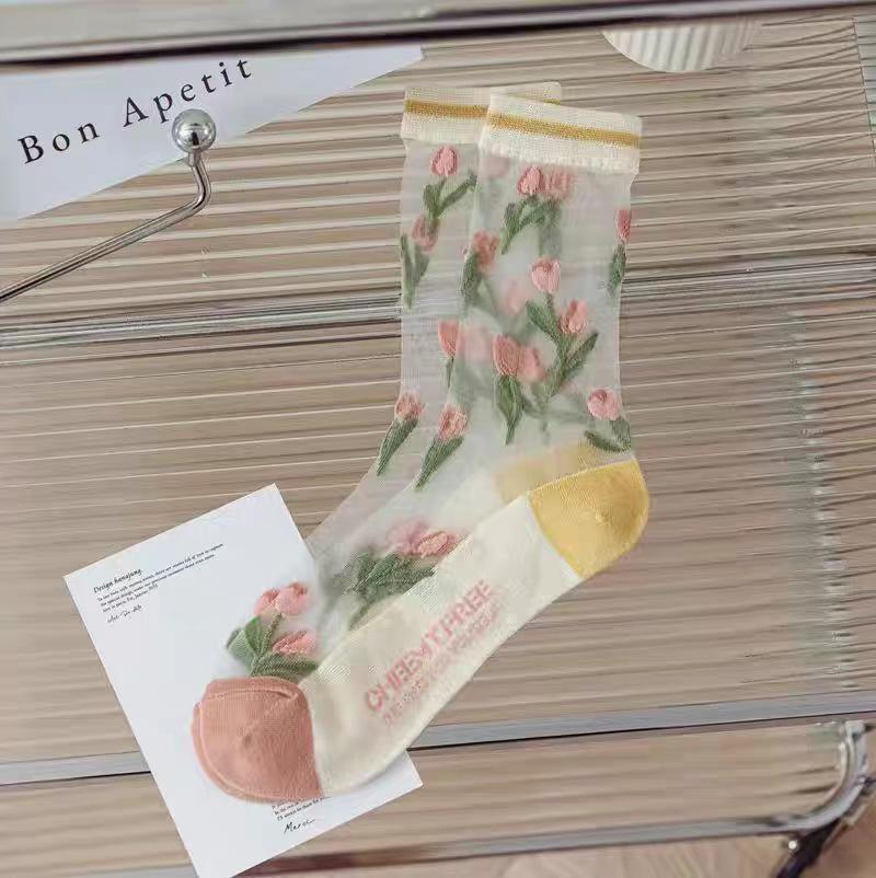Ultra-thin Transparent Crystal Silk Insole Women Summer Harajuku Crew Insole Retro Flower Streetwear Elastic Insole