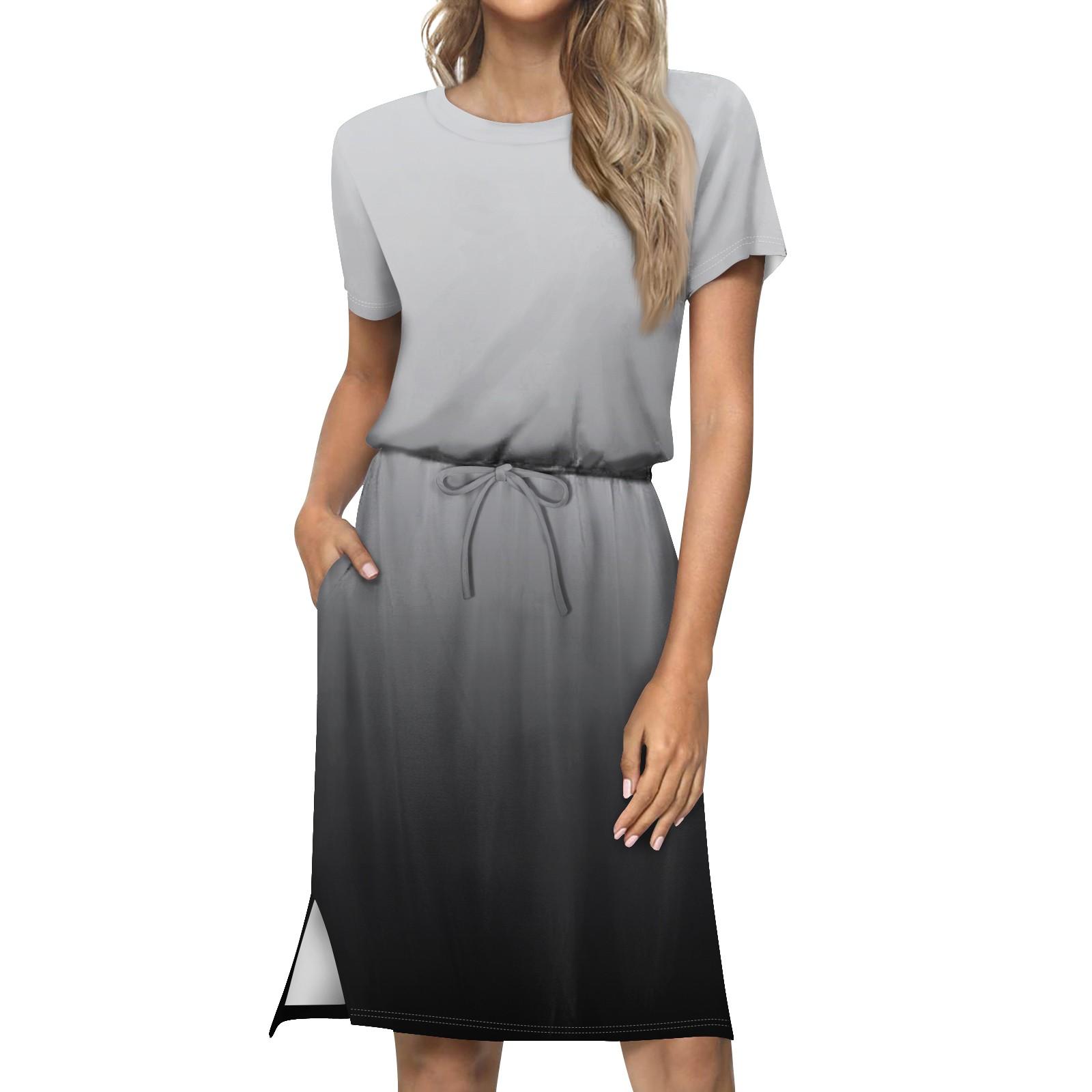 Женское свободное свободное повседневное платье с круглым вырезом и короткими рукавами — фото 8