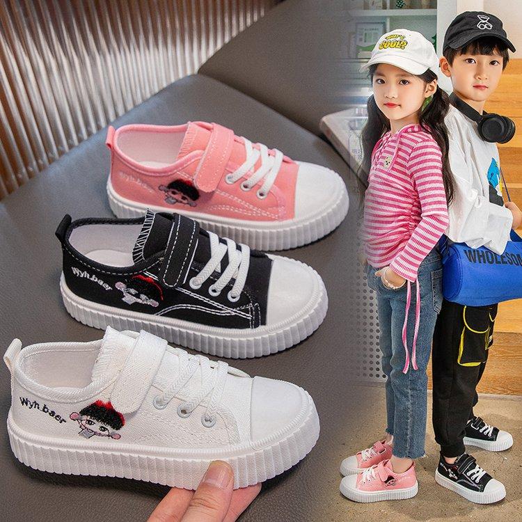 Korean version of girls' white shoes children's canvas shoes girls cartoon cute casual sports shoes embroidered running board shoes