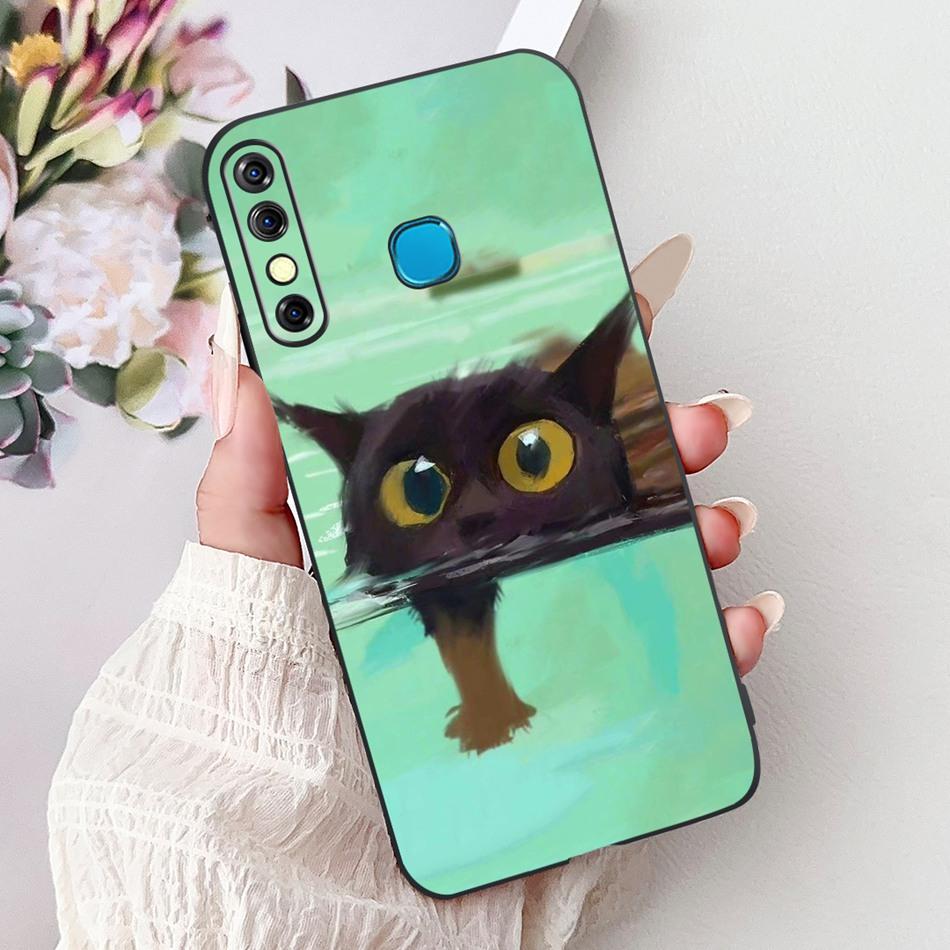 For Infinix Hot 8 Phone Case Hot 8 Lite Hot8 X650 X650C X650B X650D Elegant Floral Cat Pattern Black Silicone Soft TPU Cases
