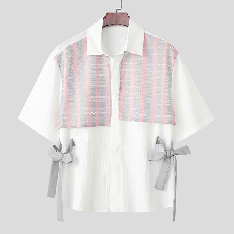 

INCERUN Oversized Men Lapel Short Sleeve Crochet Patchwork Bow Casual Loose Shirts Tops 5XL серый