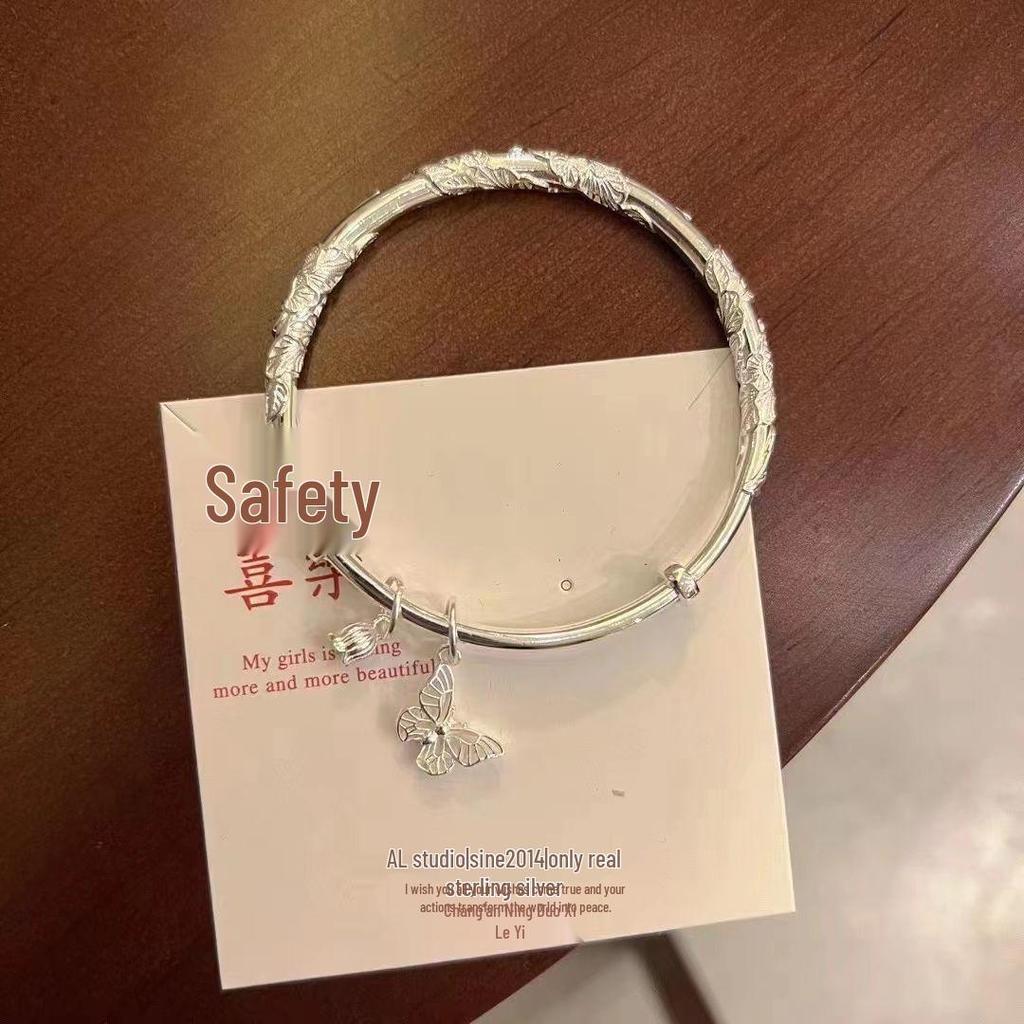 999.9 Pure Silver Bangle - Women's Sterling Silver Bracelet, Qixi Valentine's Day Gift for Wife or Girlfriend