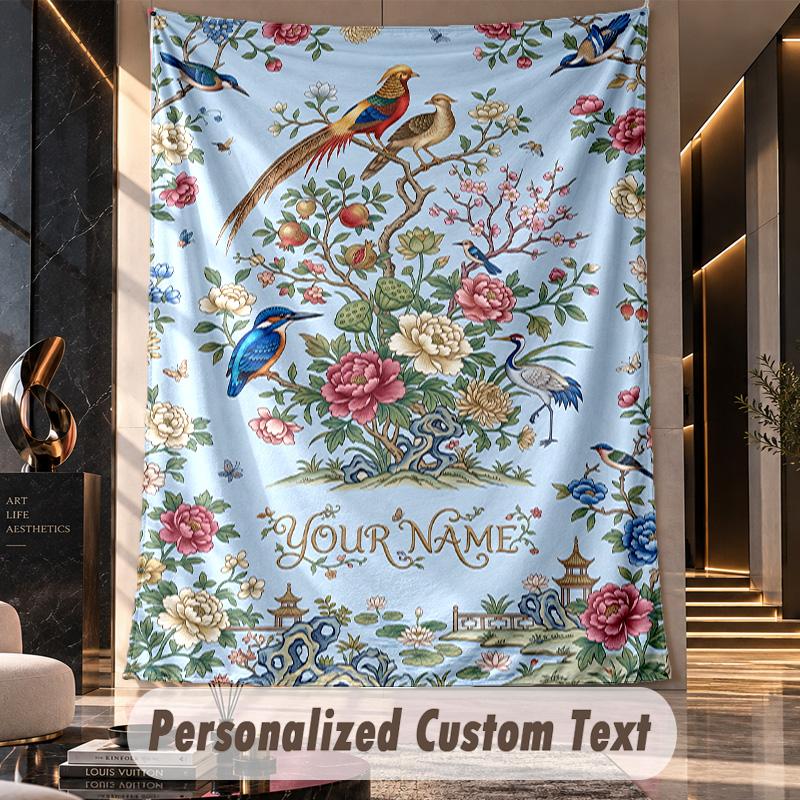 Floral Birds Artwork 1 Theme Wall Tapestry Customized With Name Text Personalized Hanging Tapestry For Bedroom Living Room Decor