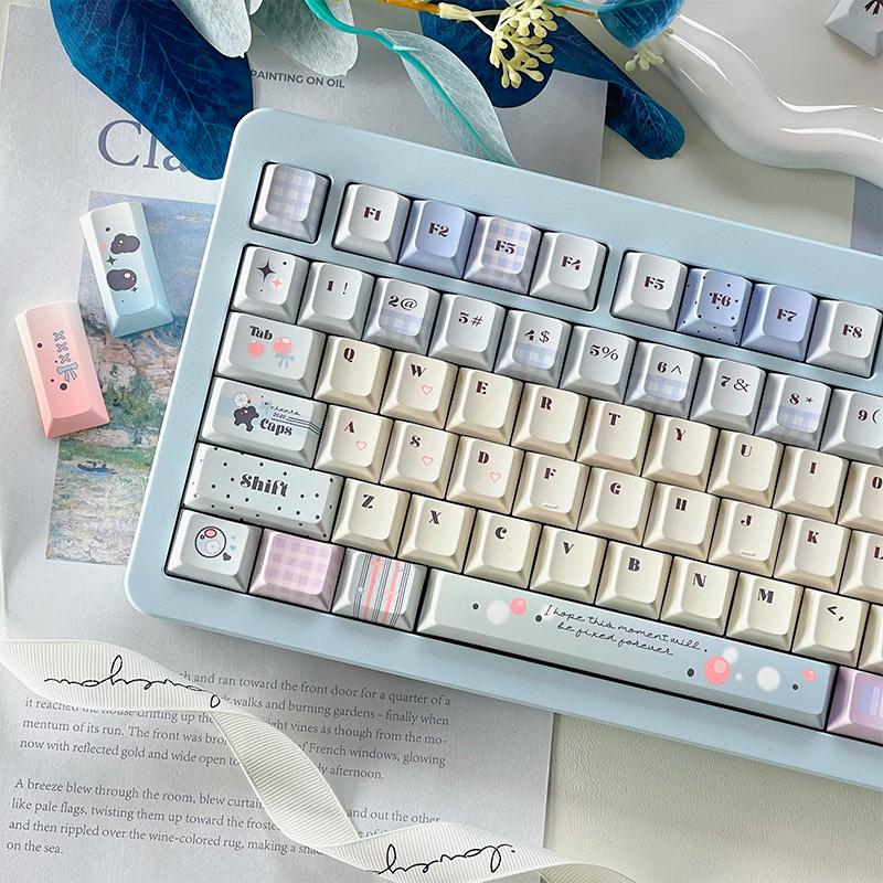 Micro Drunk Bubble Cherry Pbt Keycaps Cherry Theme Cute Pink Girl 129Keys Blue And White Double Spliced Keycaps
