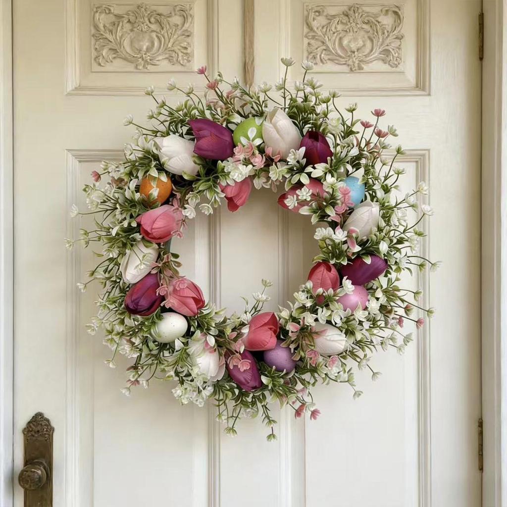 Easter Door Wreath 17 Inch Artificial Spring Flower Wreath Funny Front Door Decor for Home Entryway Yard Patio Farmhouse Party