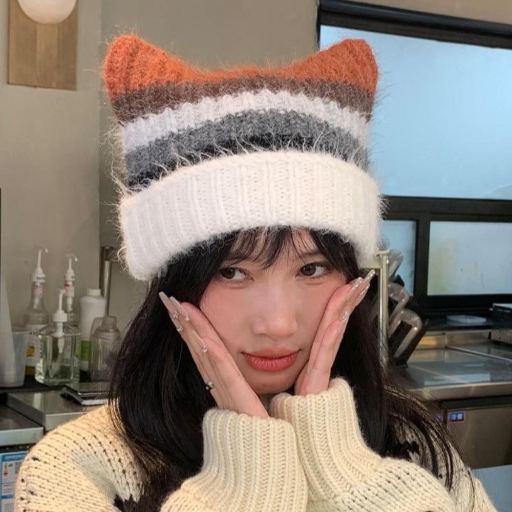 Rainbow Cat Ears Pullover Hat Gradient Women Beanie Hat Retro Woolen Knitted Hat Girls
