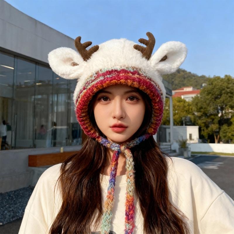 Czapka dziergana z rogami renifera Ciepły zimowy dodatek na przyjęcia świąteczne spotkania rodzinne