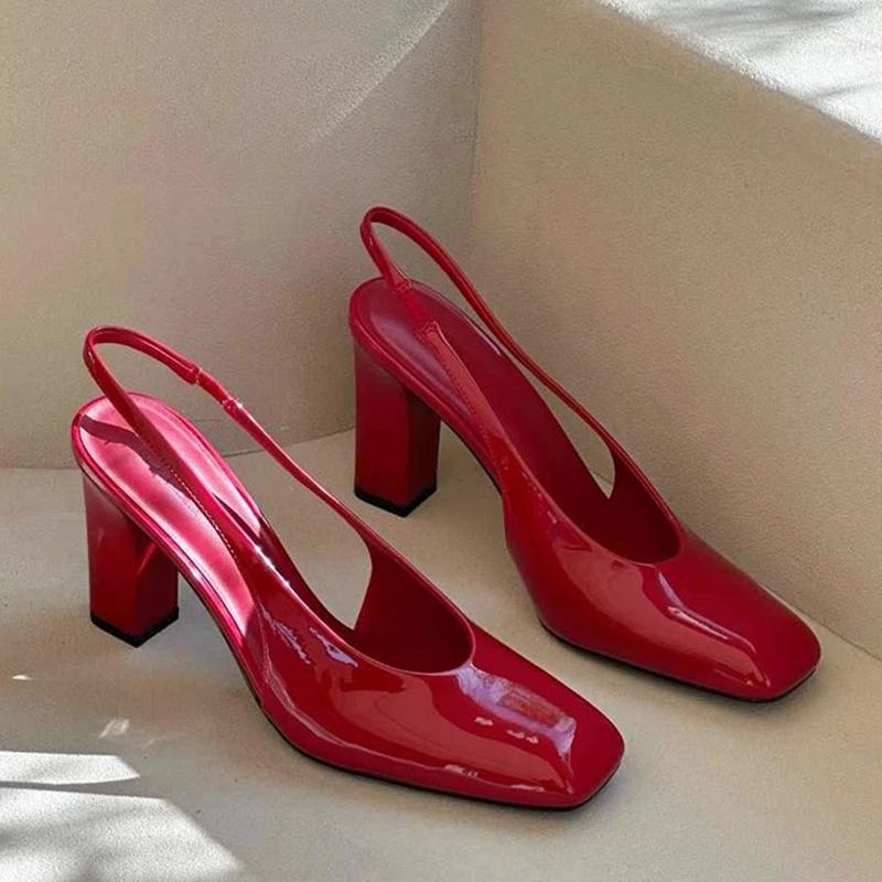 

2025 Летние Лакированные Женские Сандалии Модные С Квадратным Носком Платье Уличный Стиль Туфли на Высоком Каблуке Zapatos De Mujer 35 красный