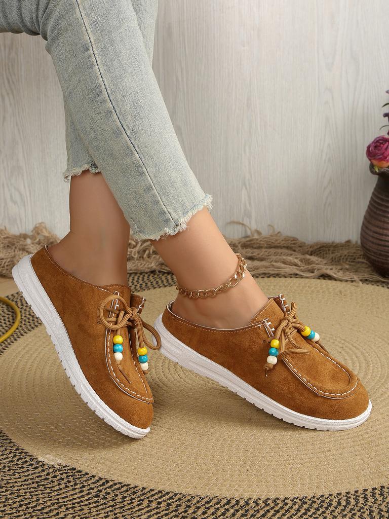 Autumn Baotou Half Slippers Women's 2025 New Plus Size Beaded Flat Casual One-Foot Slipper Slippers