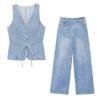 Kaslead New Women clothes Western Style V-neck Sleeveless Waist Hugging Denim Vest Casual Trousers Set