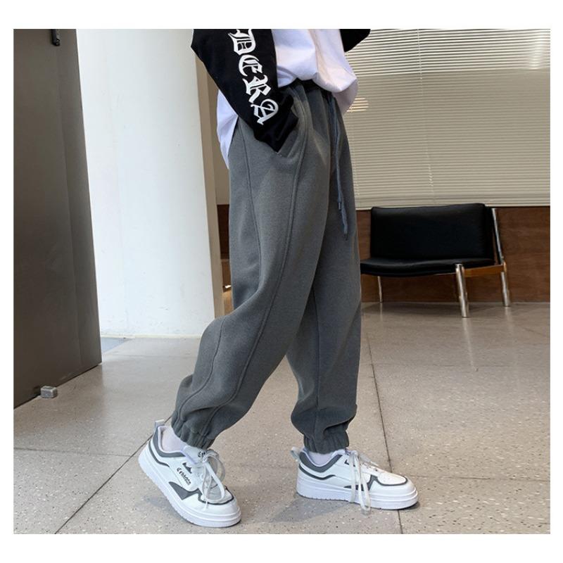 Boys Fleece Lined Solid Color Casual Sports Long Pants For Autumn Winter