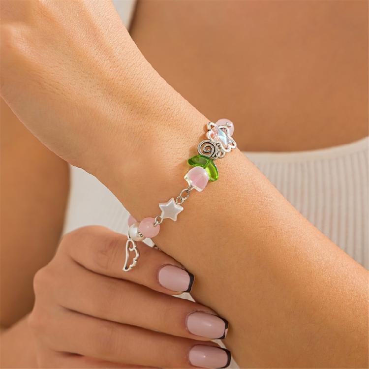 Handmade Tassels Bracelet with Delicate Flower Pendant Elegant Beaded Handchain Adjustable Length Wristband Accessory