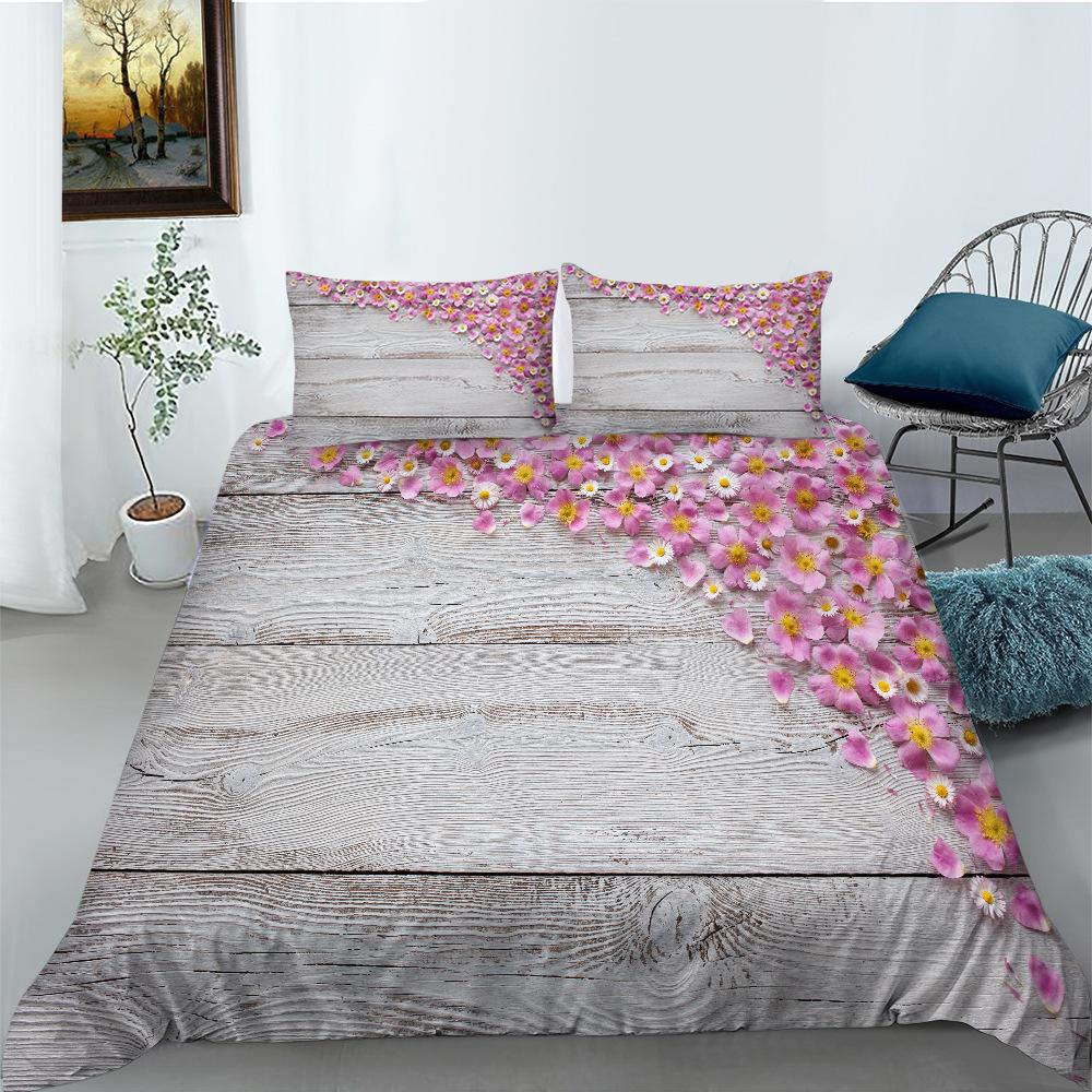 Flower Wood Board Series Polyester Quilt Cover Pillowcase Two Or Three-Piece Set 3D Digital Printing