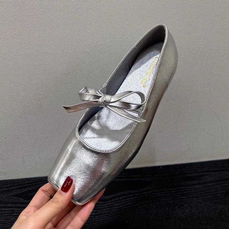 

Fashion Women Ballet Dance Flats Shoes Square Toe Bow Shallow Woman Sandals New Summer 2025 Designer Dress Cozy Sport Chaussure Femme 35 серебряный