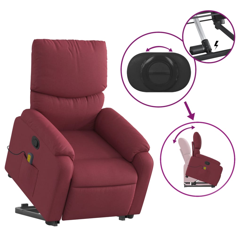 Vidaxl Lift and Massage Armchair, Reclining, Burgundy, Fabric Upholstered