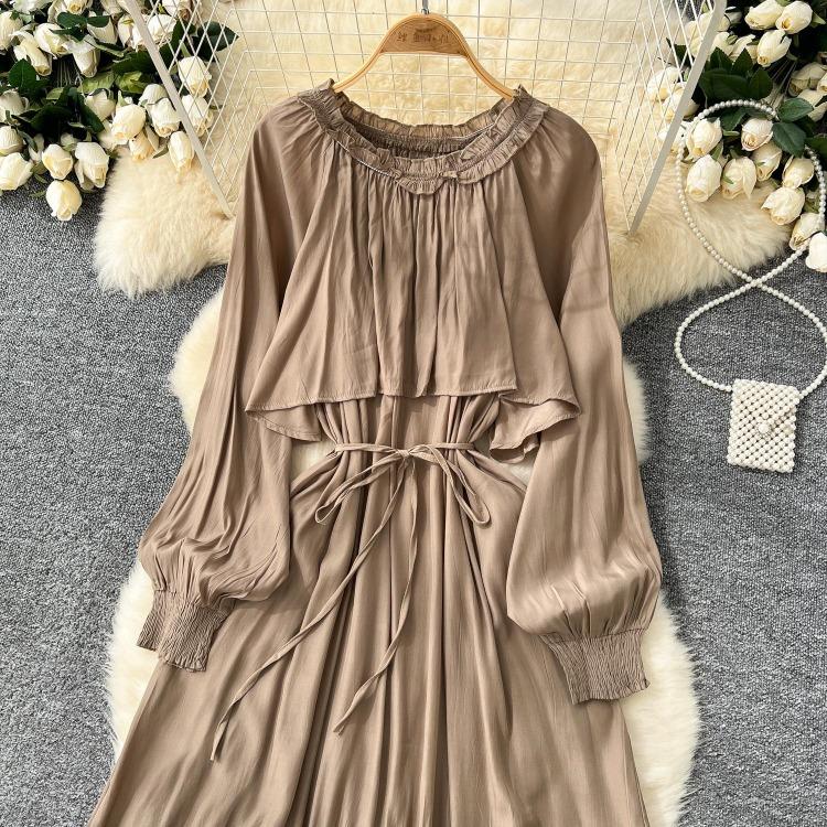 French Vintage Evening Dress Elegant Asymmetrical Ruffle O Neck Long Sleeve Lace Up Spliced Chic High Street Autumn Clothing