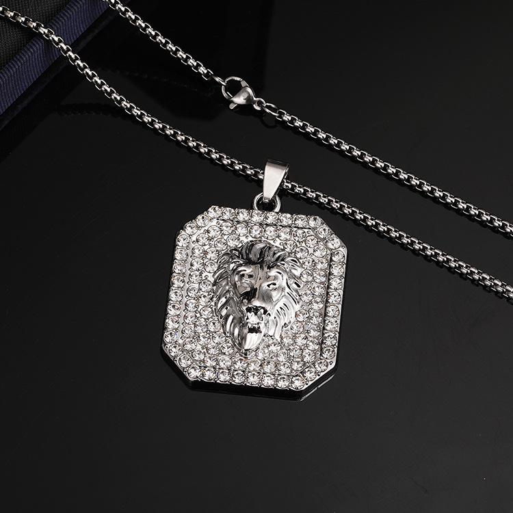 2025 Fashionable European & American Hip Hop Lion Head Necklace with Full Diamond Square Pendant
