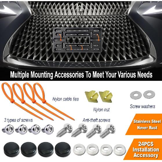 Aootf Front License Plate Bracket- Universal Bumper Mounting Kit, Car Tag Holder Adapter & Black Aluminum Plate Cover, Anti-Theft Lock Screw Bolt