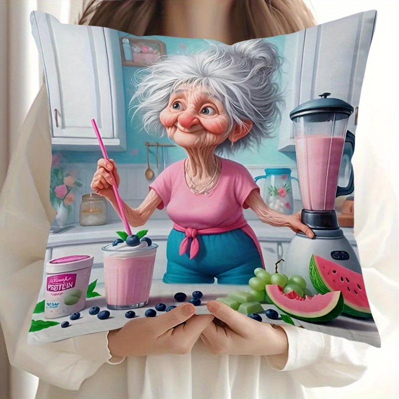 pc D Flat (Pillow Not Included) Grandma Making Smoothie Funny Kitchen Art Cushion Cover Short Plush Quirky Humor Decor Throw