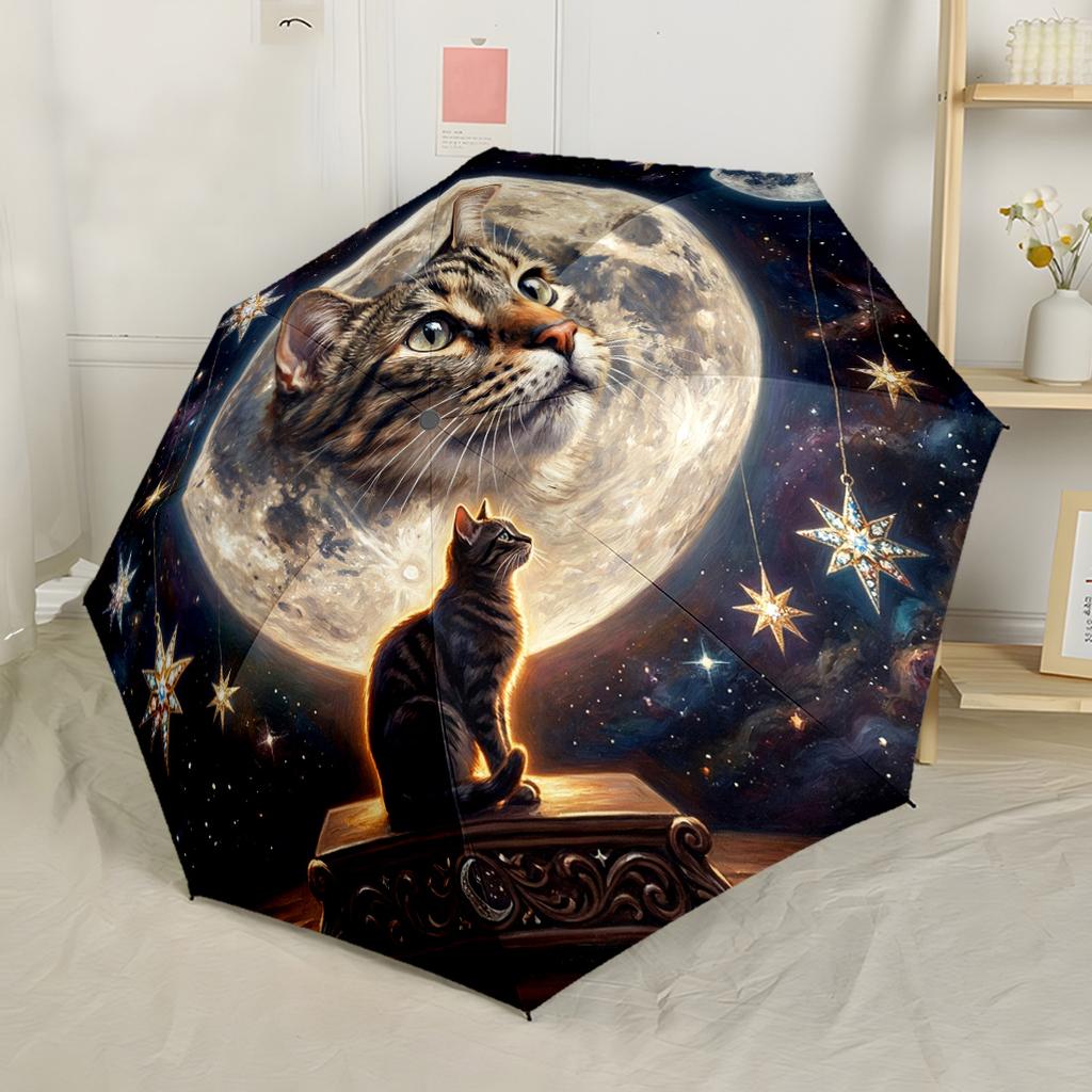 Celestial Cat Dreamscape Outdoor Automatic Umbrella Compact 8-Rib Lightweight Durable Plastic & Iron for Women/Men Stylish Accessory Gift