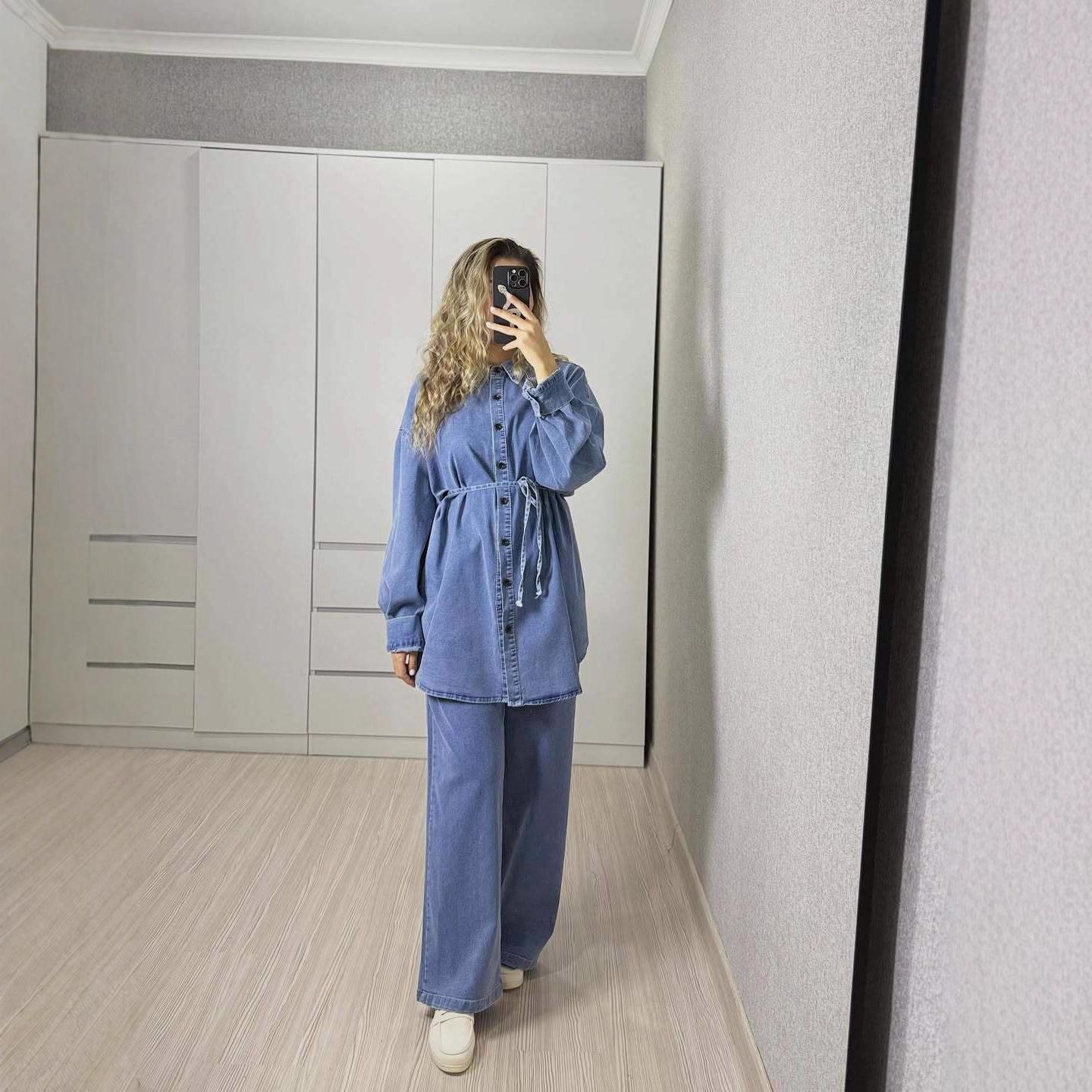 2025 cross-border long-sleeved denim cardigan women s clothing European and American lapel button casual Amazon wide-leg straight pants XS