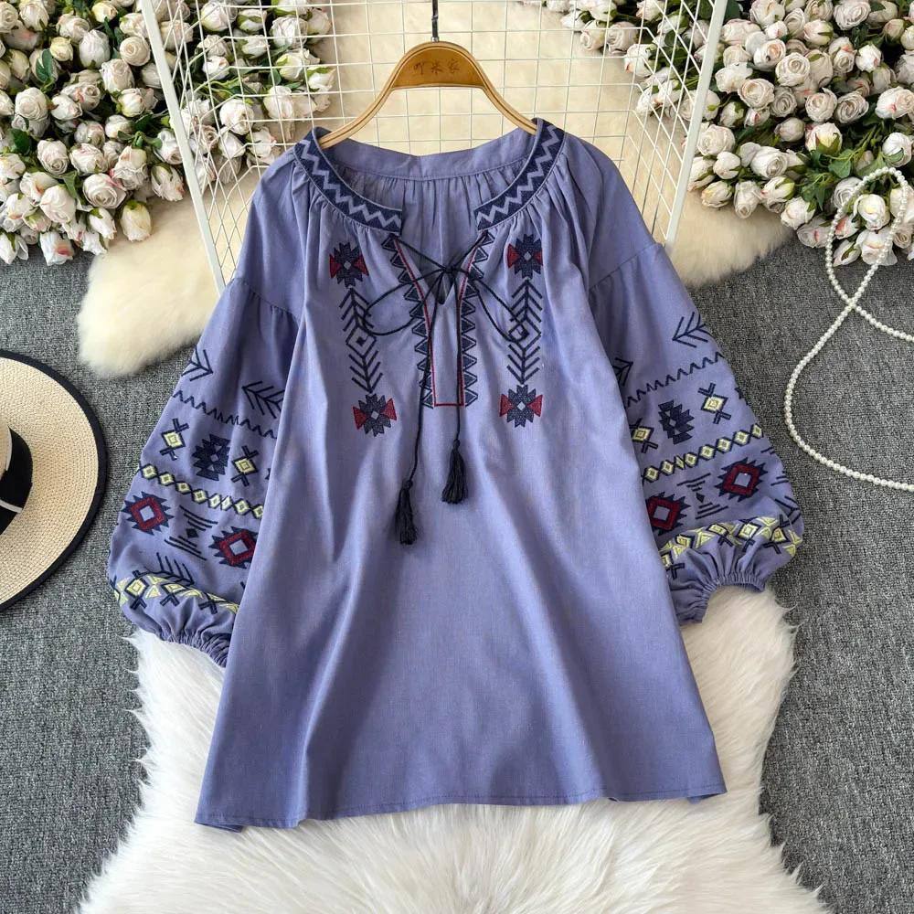 Jesień Zima Nowe Vintage Etniczne Bluzki Haft Luźny Dekolt V Nadruk Ropa Mujer Frędzle Sznurowanie Casualowa Koszula w Stylu Francuskim
