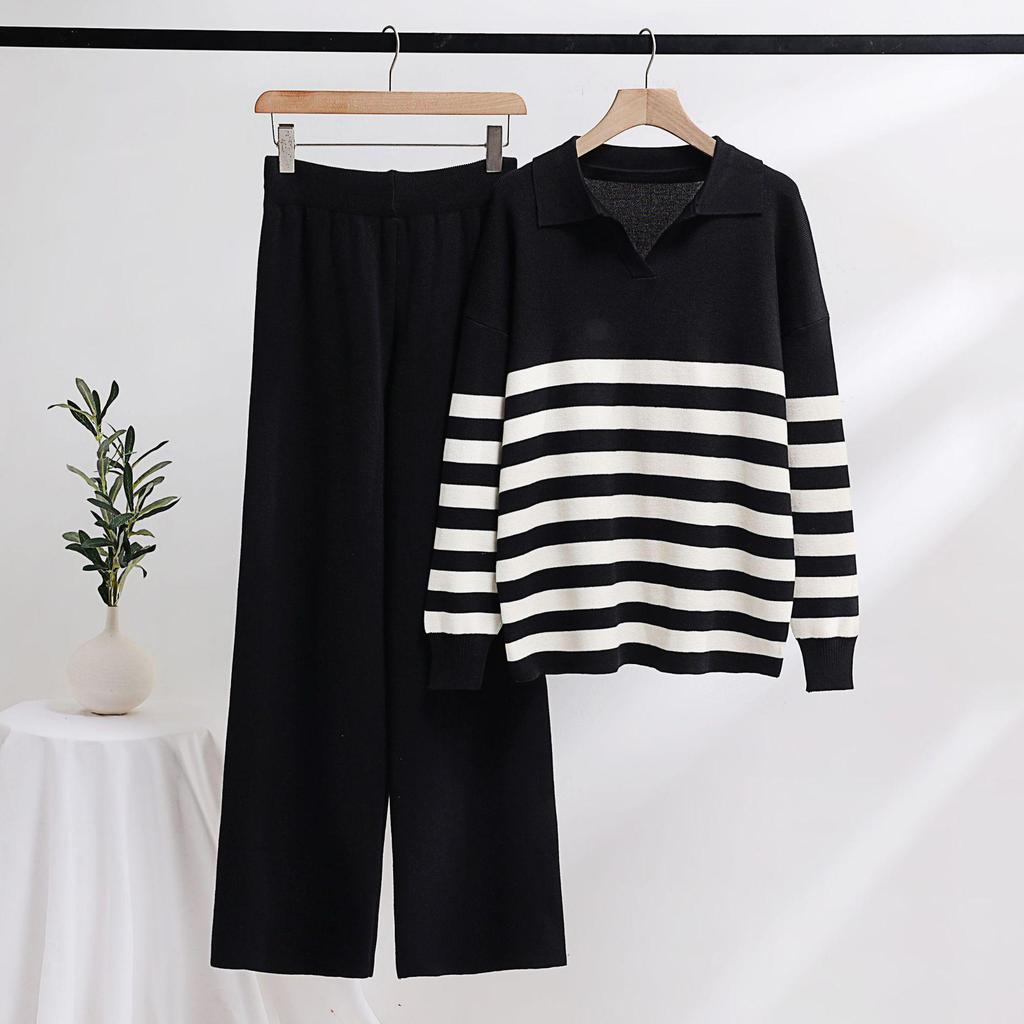 "2023 Women's Middle Eastern Striped Polo Collar Knitted Sweater and Loose Casual Fashion Two-piece Suit"