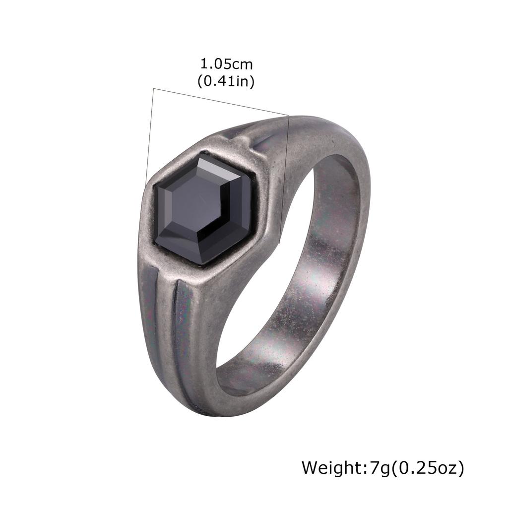 Sechseckiger Schwarzer Zirkonring für Herren, Edelstahl Antiksilber Farbe Geometrisches Band, Punk Statement Schmuck Geschenk