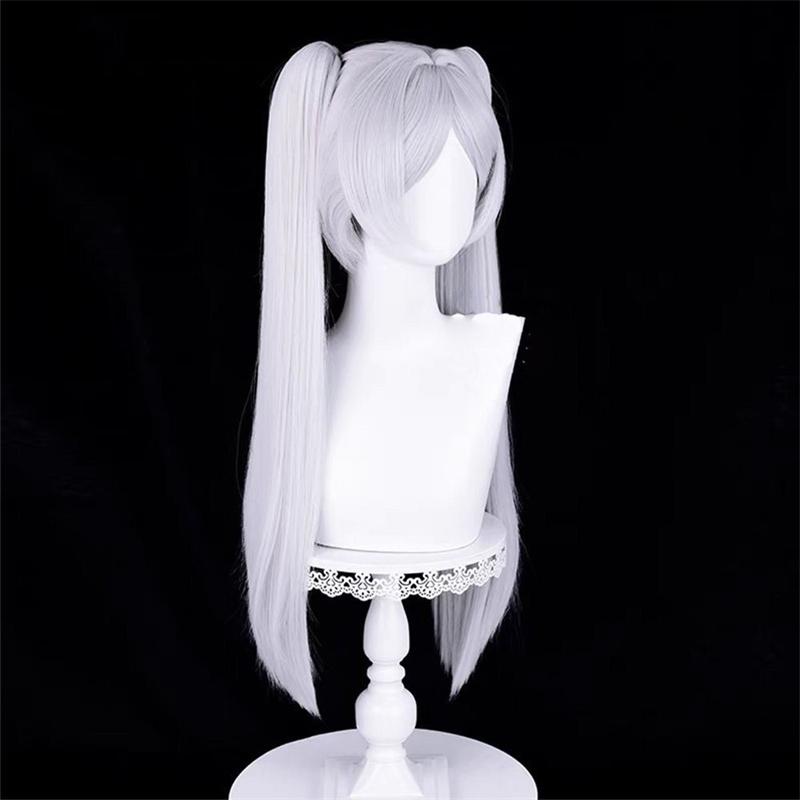 Frieren Cosplay Peruk Lång Silver Vit Dubbelklämma Hästsvansar Värmebeständigt Hår Halloween Party Rollspel Anime Peruker + Perukmössa