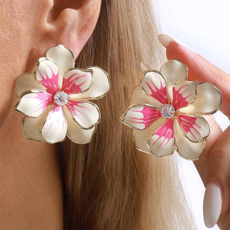 Exaggerated Colorful Drip Oil Large Flower Stud Earrings for Women Bohemia Metal Double-Layer Floral Earrings Holiday Jewelry