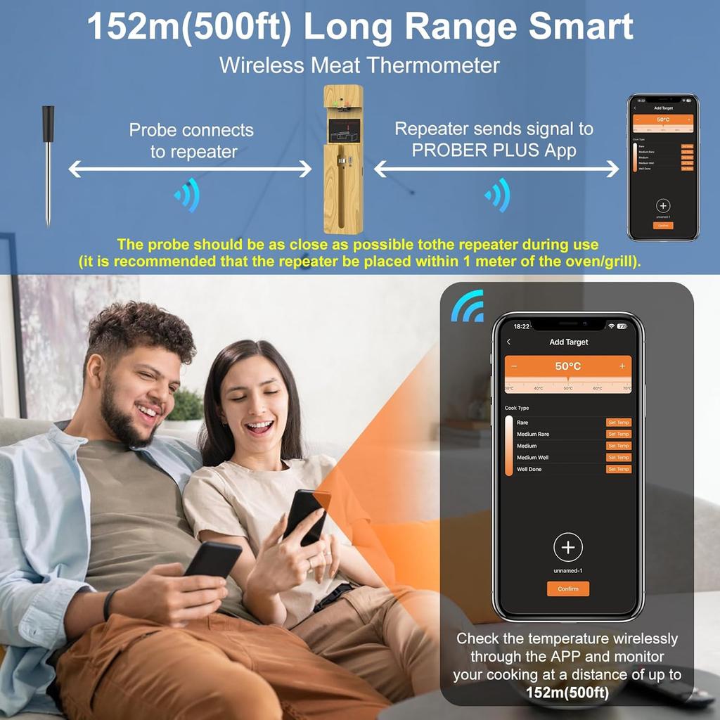 Wireless Meat Thermometer Bluetooth with Ceramics Probe for Grilling/Cooking Waterproof Digital Oven Food Thermometer with 600Ft Range Perfect for