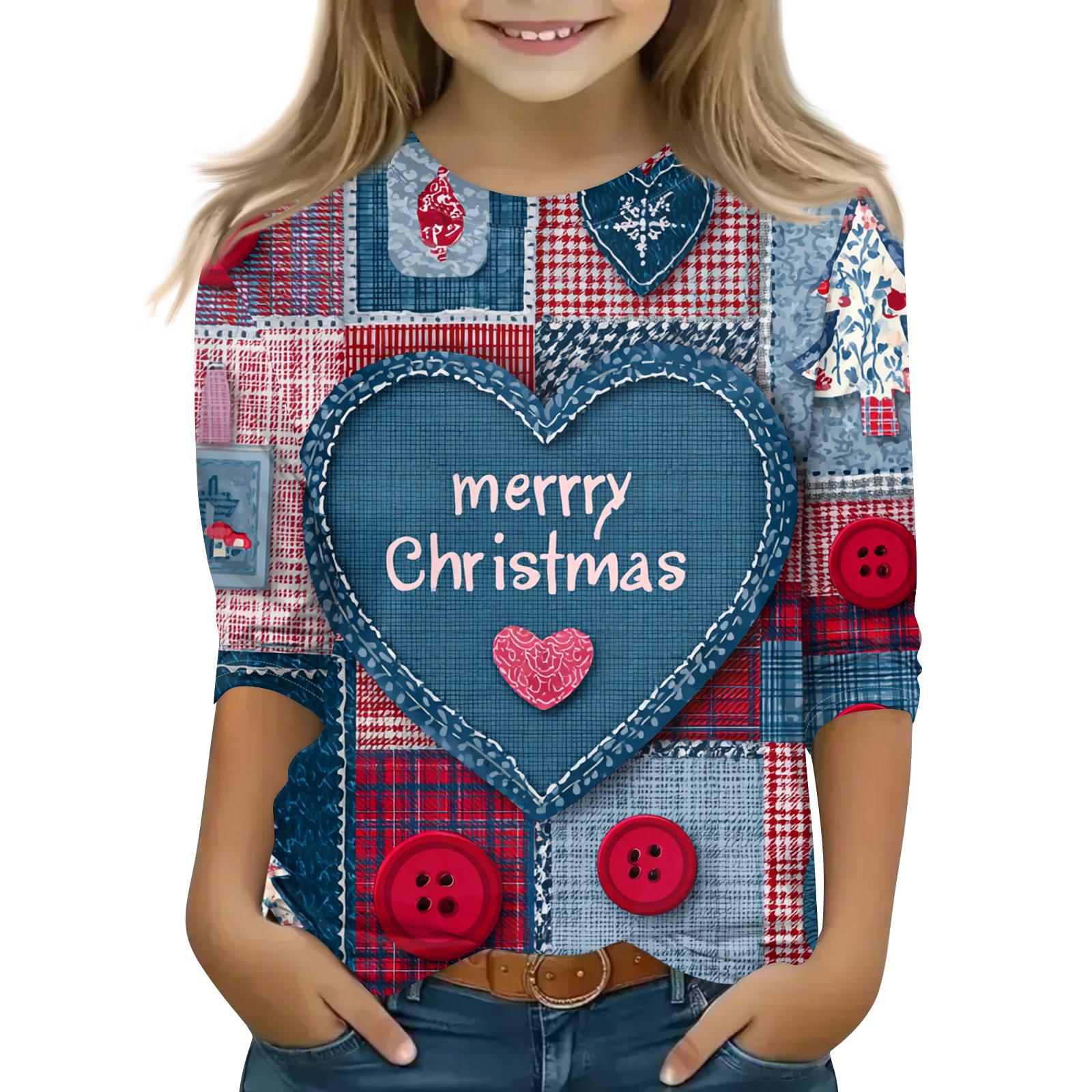 

Children s 3/4 Sleeve Round Neck Top Christmas Tree Printed Everyday Casual Top 120 синий