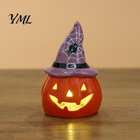 Cute Halloween Room Decoration Ceramic Tealight Holder, Lighted Ghost Pumpkin Figurine with Indoor Party Atmosphere Lamp Witch Hat, Tiered Tray