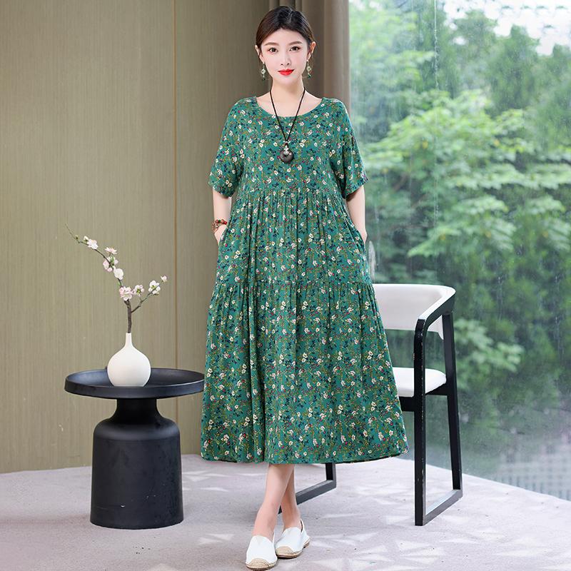 Plus Size Floral Dresses for Women  Oversize Loose Short Sleeve Summer Long Dress Middle-aged Women Summer Sundresses