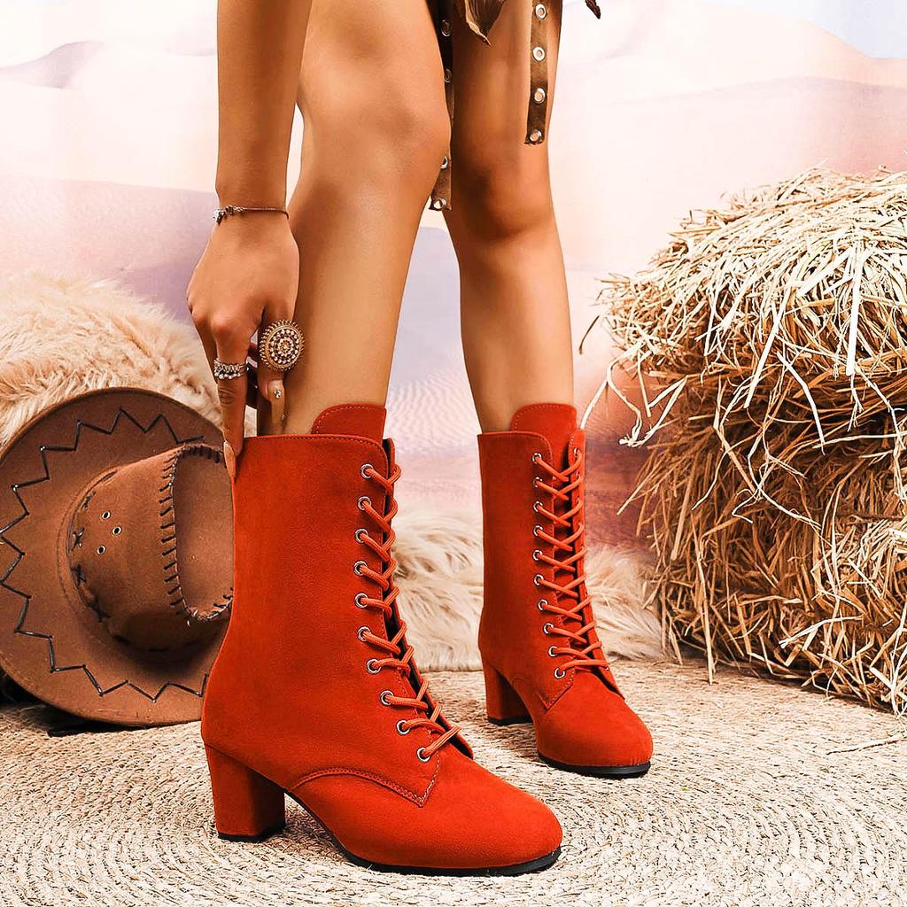 Popular autumn and winter boots front straps women's shoes 2025 new large size high heel British suede Martin boots women