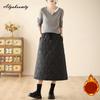 Korean Style Autumn Winter Women Black Midi Skirt Elastic Waist Padded Warm A-Line Skirt Basic Solid Loose Thick Skirts Womens