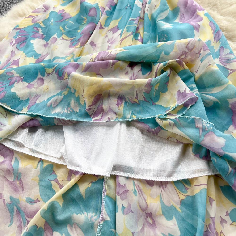 Women Chiffon Floral Long Dress Korean V-neck Short Sleeve A-line Party Dresses Summer Bohemian Style Beach Vestidos
