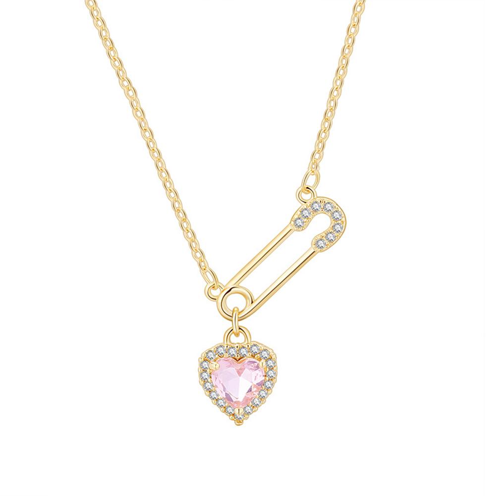 1PCS Niche Safety Pin Necklace With Pink Heart Charming Crystal Love Pendant Luxury Stainless Steel Chain Combination Jewelry