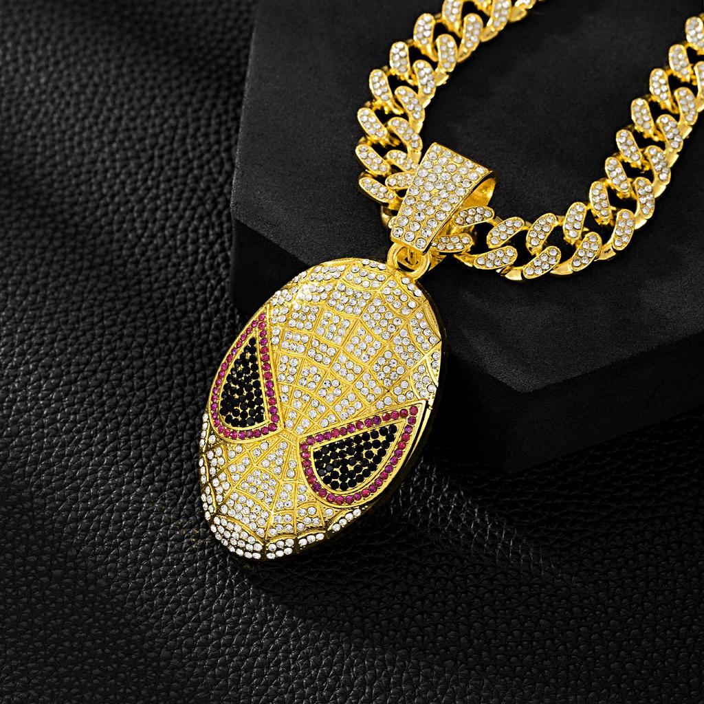 European & American Rhinestone Spider-Man Alien Mask Cuban Necklace - Anime Hip Hop Jewelry