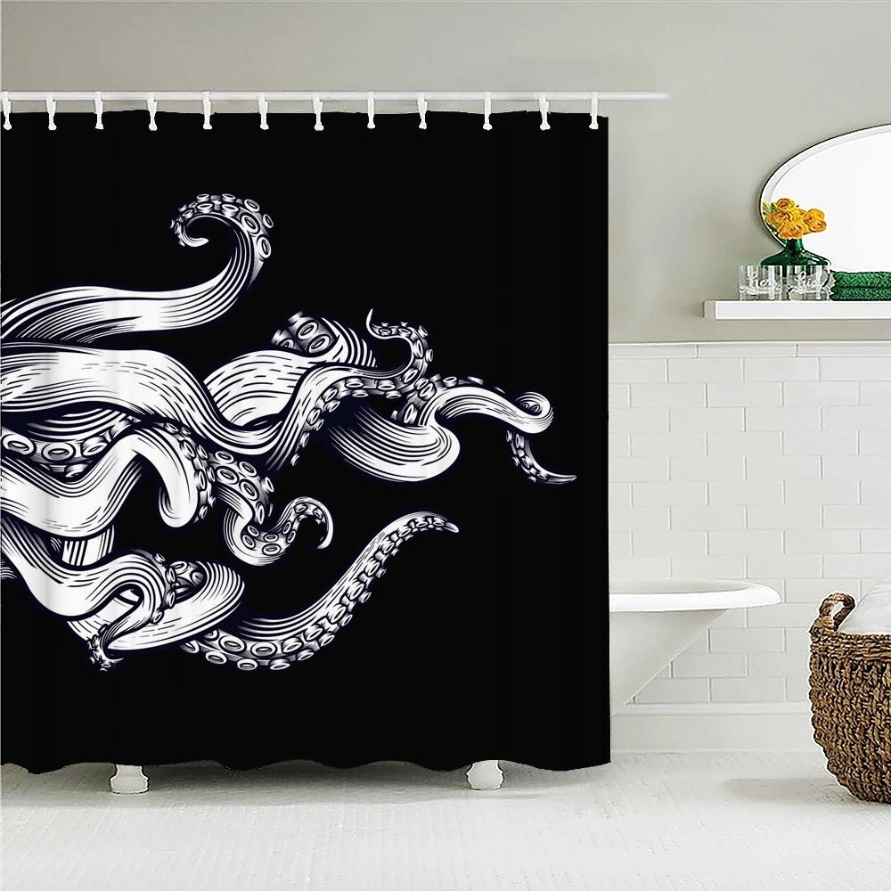 

Funny Art Octopus Printed Shower Curtain Washable Bathroom Curtain Decorative Waterproof Fabric Bathtub Screen With Hooks W60H190(CM)-1 Pcs
