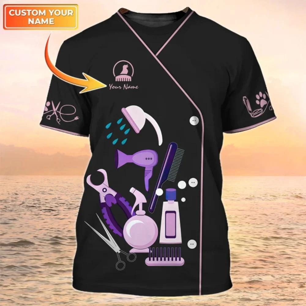 Haustier Hund Kosmetiker Rollenspiel Spaß Gedrucktes Herren T-Shirt Lässig Hip-Hop Mode Kurzarm Rundhals Übergroßes Oberteil