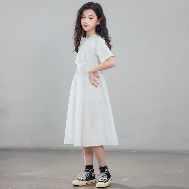 Girls' Fashion Short-Sleeve Shirt Dress Summer Children's Elegant Waist-Cinched Dress