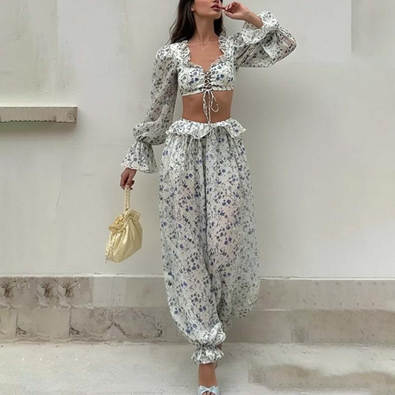 2026 spring new women's clothing, cross-border foreign trade Europe and the United States, fashion printing sexy ruffle edge top and trousers set