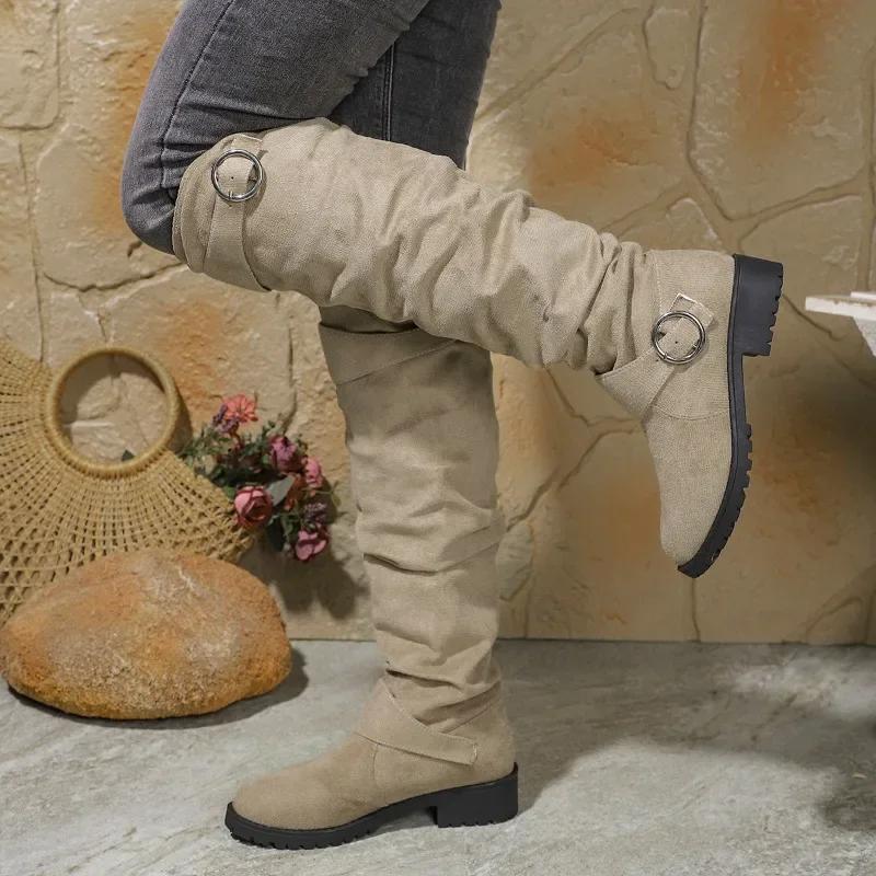 2024 Hot Sale Ladies Shoes Slip-on Women's Boots Fashion Belt Buckle Modern Boots Women New Plus Size Solid Knee-High Boots