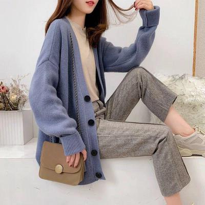2025 Damen V-Ausschnitt Strickjacke im koreanischen Stil: Lockere Passform, Einfarbig, Einreihig mit Taschen