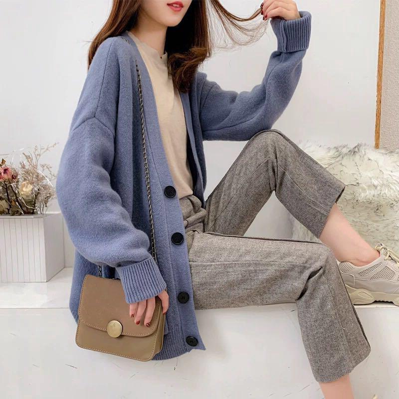 2025 Korean Style Women's V-Neck Knitted Cardigan: Loose-Fit, Solid Color, Single-Breasted with Pockets
