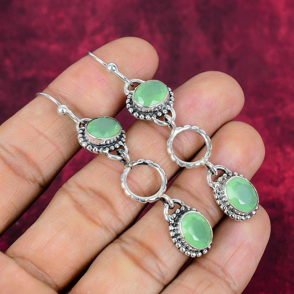 Green Chalcedony 925 Solid Sterling Silver Earrings, Handmade Gemstone Earrings Jewelry, Gifts For Wife Brand New Earrings