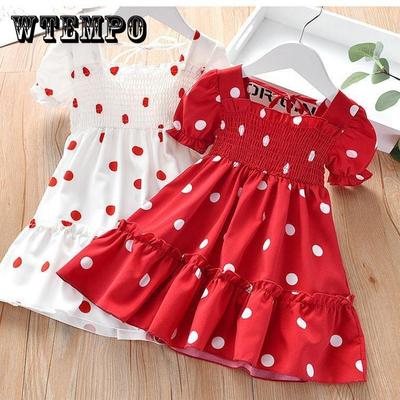 Crianças meninas estilo doce estilo fresco verão bolinhas vestido de verão francês elegante vestido linha a para festa presente aniversário