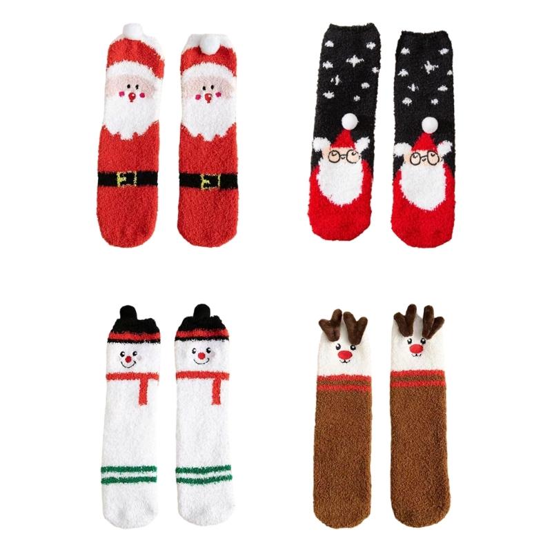 4 Pairs Thick Warm Coral Fleece Socks for Women Men Funny Christmas Pattern Seasonal Indoor Sleeping Slipper Socks